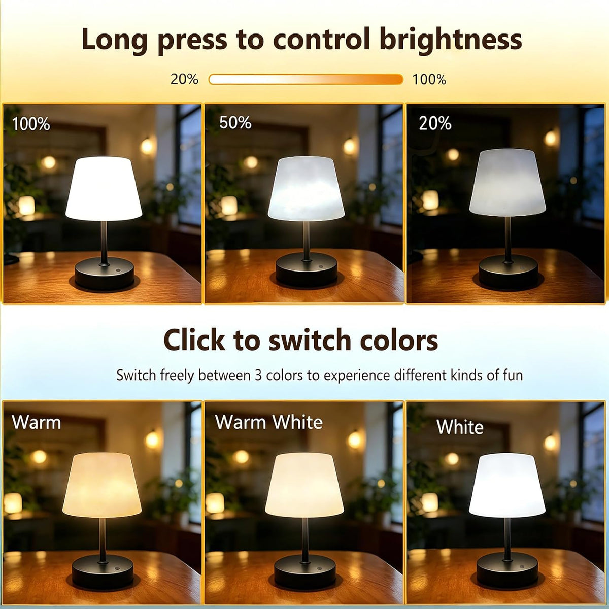 Cordless Table Lamp, Portable Rechargeable Shower Lamp (Black-2Pcs)